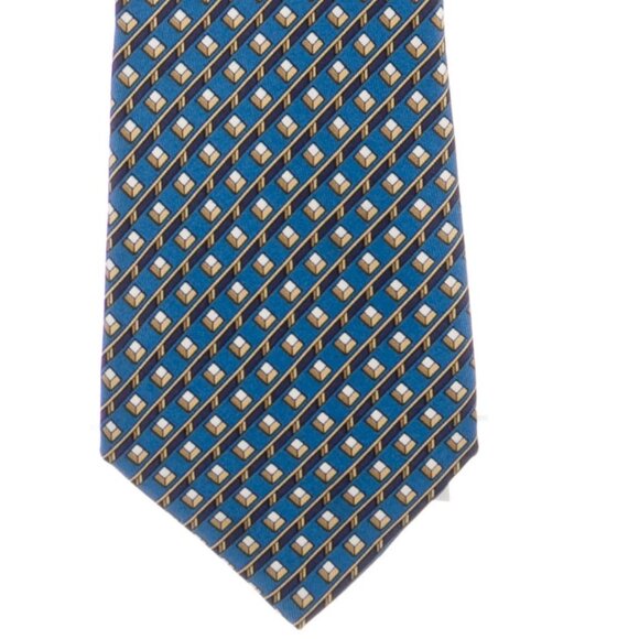 Hermés Silk Printed Neck Tie Blue & Gold 918 HA - Picture 1 of 2
